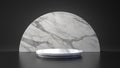 White marble product half moon circle stand on black background. Abstract minimal geometry concept. Studio podium platform.