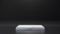 White marble product rectangle table stand on black background. Abstract minimal geometry concept. Studio podium platform.