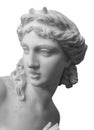 White marble sculpture head of young woman. Statue of sensual renaissance art era naked woman in circlet antique style