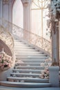 White marble stairs in classic style decorated with pink roses. Luxury wedding interior in light tones. Generative AI