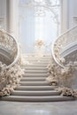 White marble stairs decorated with flowers in a luxury interior inlight tones. Generative AI