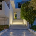 White marble stairs to the modern house entrance, night view. Royalty Free Stock Photo