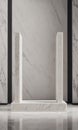 White marble stand on a background of marble slabs. Product stand and podium for display