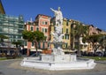 White marble statue of Cristoforo Columbo in a fountain on the promenade in Santa Margherita Ligure, Italy.