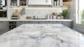 White marble tabletop with blurred kitchen interior background realistic photo Royalty Free Stock Photo