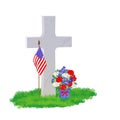 White marble tombstone, American flag and flowers Royalty Free Stock Photo