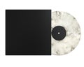 White Marbled Vinyl Disc Mock Up. LP Vinyl Record with Black Cover Sleeve and Black Label Isolated on White Background. Royalty Free Stock Photo