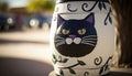 White Mardi Gras barrel hanging from a tree, decorated with a painting of a black cat