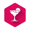 White Margarita cocktail glass with lime icon isolated with long shadow background. Pink hexagon button. Vector