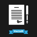 White Marriage contract icon isolated on black background. Wedding certificate. Vector