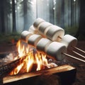 white marshmallow on a stick roasting over a fire. ai generative Royalty Free Stock Photo