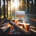 white marshmallow on a stick roasting over a fire. ai generative Royalty Free Stock Photo