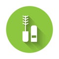 White Mascara brush icon isolated with long shadow. Green circle button. Vector