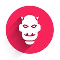 White Mask of the devil with horns icon isolated with long shadow. Red circle button. Vector Royalty Free Stock Photo