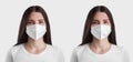 White mask template with exhalation valve FFP3 on a dark-haired nurse, a girl in a medical mask with and without a filter,