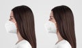 White mask template with exhalation valve FFP3 on a nurse, a girl in a medical mask with and without a mechanical filter