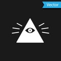 White Masons symbol All-seeing eye of God icon isolated on black background. The eye of Providence in the triangle.  Vector Royalty Free Stock Photo
