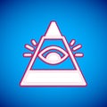 White Masons symbol All-seeing eye of God icon isolated on blue background. The eye of Providence in the triangle
