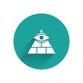 White Masons symbol All-seeing eye of God icon isolated with long shadow. The eye of Providence in the triangle. Green