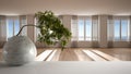 White mat table shelf with round marble vase and potted bonsai, green leaves, over empty room, parquet, panoramic windows, modern