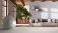 White Mat Table Shelf With Round Marble Vase And Potted Bonsai, Green Leaves, Over Farmhouse Wooden Living Room And Kitchen In