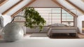 White mat table shelf with round marble vase and potted bonsai, green leaves, over minimal bedroom with canopy bed, japandi