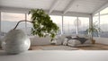 White mat table shelf with round marble vase and potted bonsai, green leaves, over minimalist bedroom with bathtub, modern