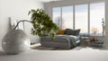 White mat table shelf with round marble vase and potted bonsai, green leaves, over modern bedroom with panoramic window, modern