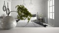 White mat table shelf with round marble vase and potted bonsai, green leaves, over scandinavian bedroom with brick wall, modern