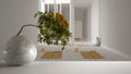 White mat table shelf with round marble vase and potted bonsai, green leaves, over yoga studio, space with mats and accessories,