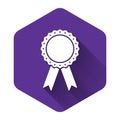 White Medal badge with ribbons icon isolated with long shadow. Purple hexagon button