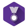 White Medal icon isolated with long shadow. Winner symbol. Purple hexagon button