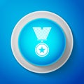 White Medal with star icon isolated on blue background. Winner achievement sign. Award medal. Circle blue button with