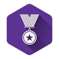 White Medal with star icon isolated with long shadow. Winner achievement sign. Award medal. Purple hexagon button
