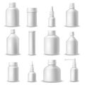 White medical bottles. 3d realistic blank plastic pharmaceutical packaging. Medical and cosmetic containers for spray