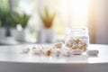 White medical capsules in a glass jar on a white table. Generative AI