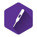 White Medical digital thermometer for medical examination icon isolated with long shadow. Purple hexagon button Royalty Free Stock Photo