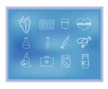 White medical linear icons on the blue background. Cardiology. A heart. Cardiogram. Stethoscope, syringe, medicine