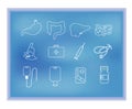 White medical linear icons on the blue background. Gastroenterology. Ingestion. Stomach. Intestines. Liver