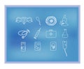 White medical linear icons on the blue background. Gynecology. pelvic organs. Egg. Sperm. Infographics. Vector