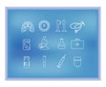 White medical linear icons on the blue background. Pulmanologii. Respiratory system. Lungs. Fluorography. Rentgen