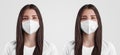White medical mask mockup with FFP3 valve, mechanical filter, ear loops on a girl isolated on background Royalty Free Stock Photo