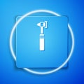 White Medical otoscope tool icon isolated on blue background. Medical instrument. Blue square button. Vector