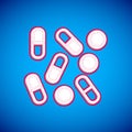 White Medical pill bottle biohacking icon isolated on blue background. Pharmacy biohacking. Vector Royalty Free Stock Photo