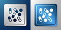 White Medical pill bottle biohacking icon isolated on blue and grey background. Pharmacy biohacking. Silver and blue Royalty Free Stock Photo