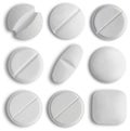 White medical Pill icon set closeup isolated on white background. Medical Drugs Pills and Capsules. Medical, healthcare, Royalty Free Stock Photo