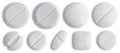 White medical Pill icon set closeup isolated on white background. Medical Drugs Pills and Capsules. Medical, healthcare, Royalty Free Stock Photo