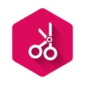 White Medical scissors icon isolated with long shadow. Pink hexagon button. Vector Illustration Royalty Free Stock Photo