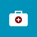 White medical suitcase on blue background. First aid kit with cross symbol. Royalty Free Stock Photo