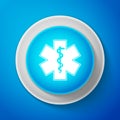 White Medical symbol of the Emergency - Star of Life icon isolated on blue background. Circle blue button with white Royalty Free Stock Photo